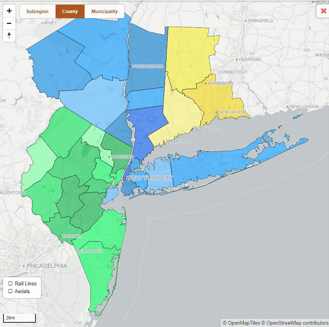 Screenshot of NYC Metro Region Explorer interactive map and data platform, highlighting total population for municipalities in the tri-state region