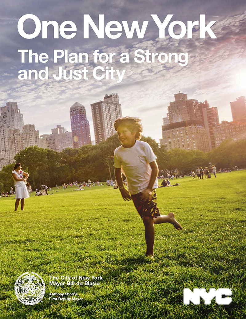 2015 report cover from nyc.gov/OneNYC; photo by Ramiro Olaciregui/Getty Images.  