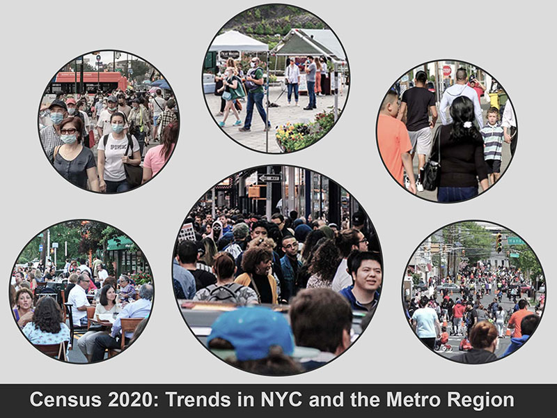 photos of group gatherings with text  "Census 2020: Trends in NYC and the Metro Region"