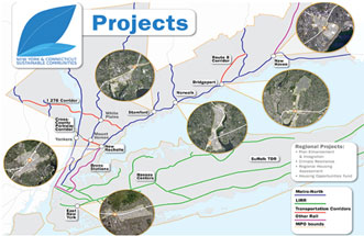 Map of New York-Connecticut with cirlces of arees that have projects headline that reads “Projects“