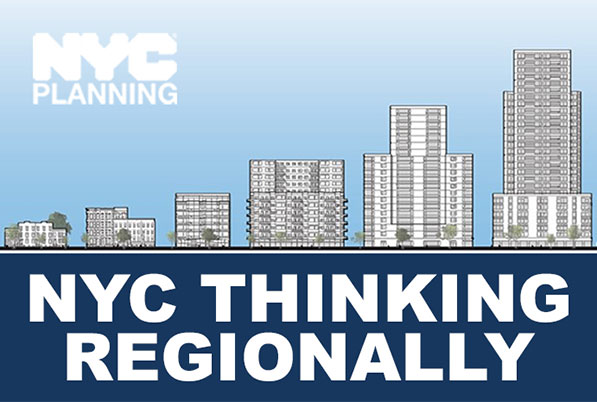 Drawing of different types of buildings. Text reads “NYC Thinking Regionally”  