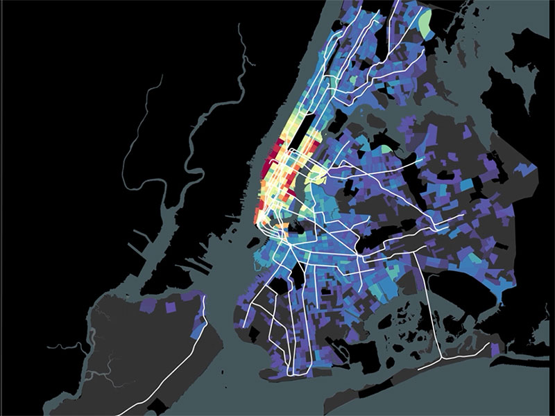 Map of New York City highlighting transit lines with neighborhoods tinted cool or warm colors