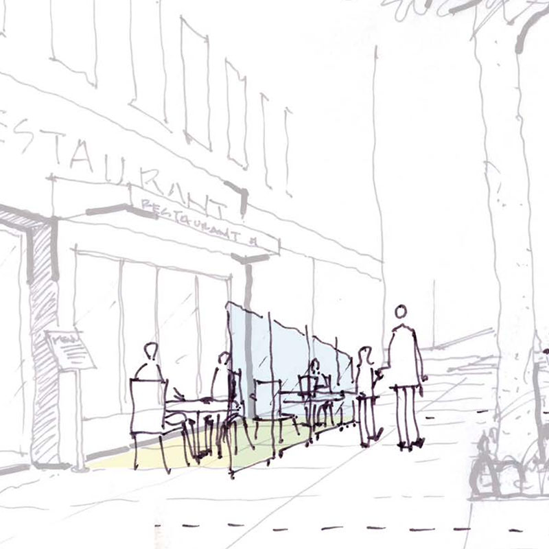Sketch of people walking next to an outdoor dining area
