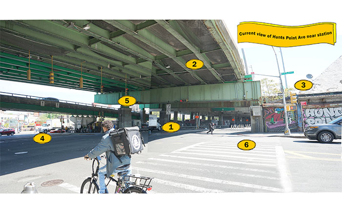 Person on bike near the station.  Text reads “Current view of Hunts Point Avenue near station”