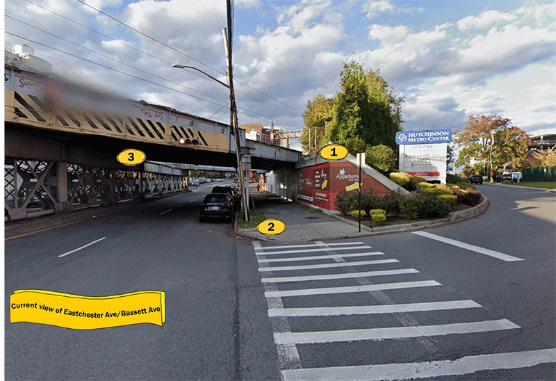 Bridge underpass next to the entrance to a  retail plaza. Text reads “Current view of Eastchester Ave/Bassett Ave”