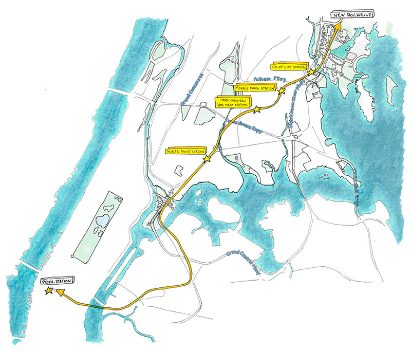 Sketched map showing planned stations at Co-op City, Morris Park, Parkchester Van Ness and Hunts Point