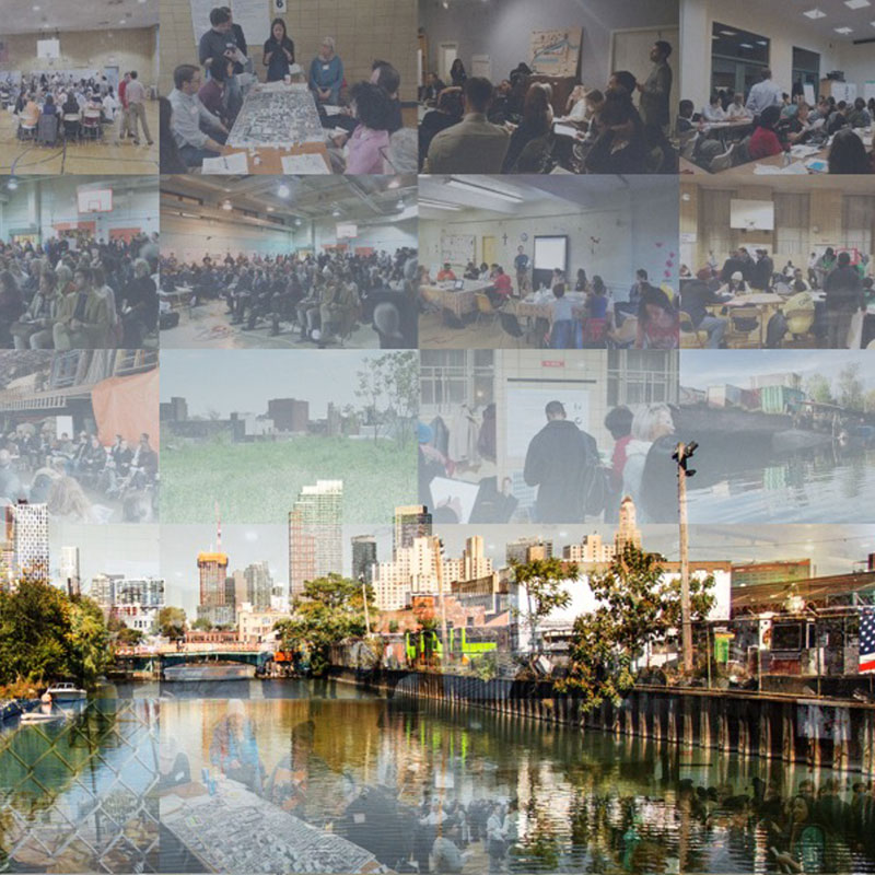 Montage of community meeting photos overlaid on a picture of the Gowanus Canal
