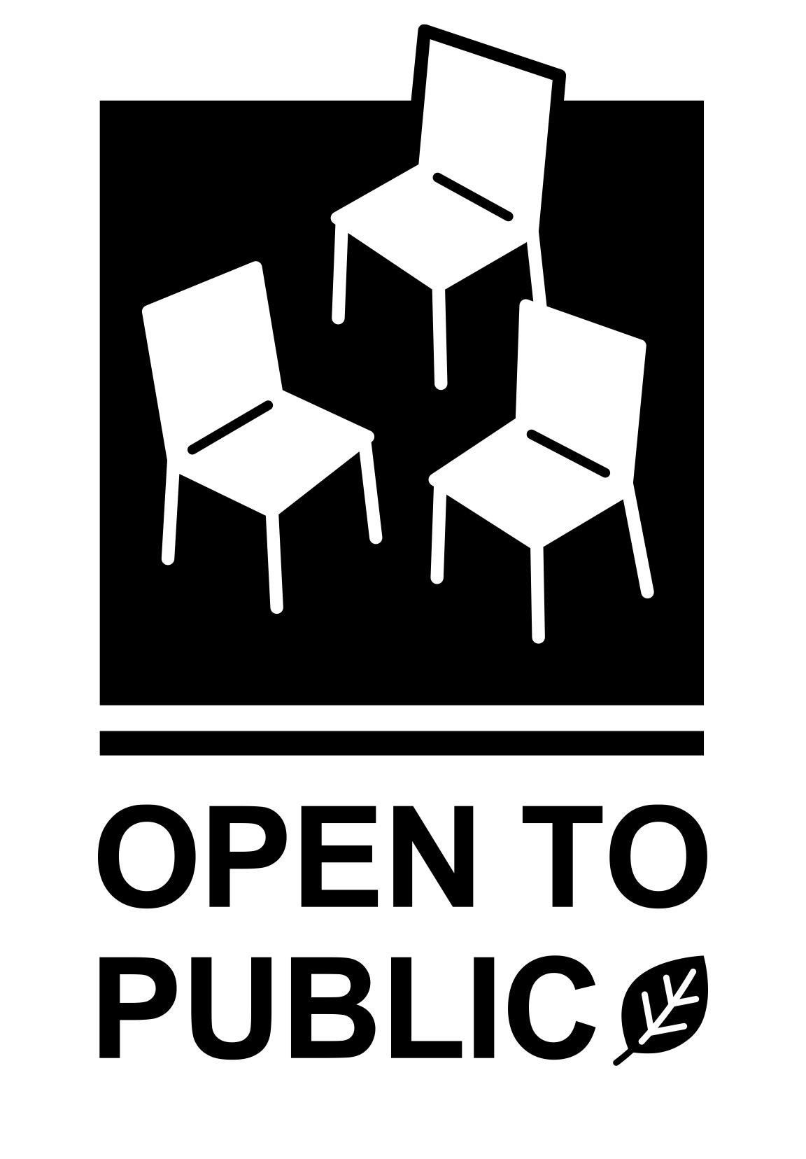 Black and white logo depicts three chairs inside a square