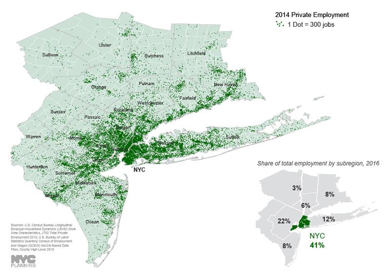 This map represents total private jobs mapped to U.S. Census Tracts for 2014 using U.S. Census data. The graphic also indicates the share of total employment - including public employment - for NYC metropolitan region counties using U.S. Department of Labor data, aggregated by subregion.