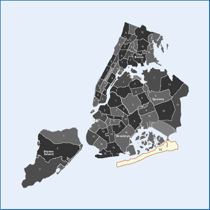 Queens Community Board map focusing on CB 14 and the surrounding districts