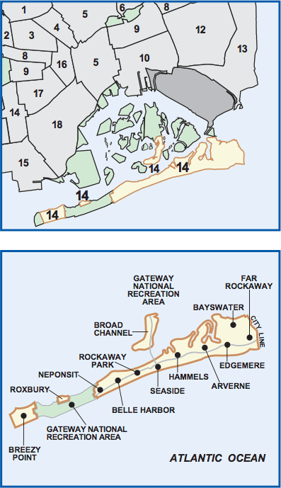 Queens Community Board map focusing on CB 14 and the surrounding districts
