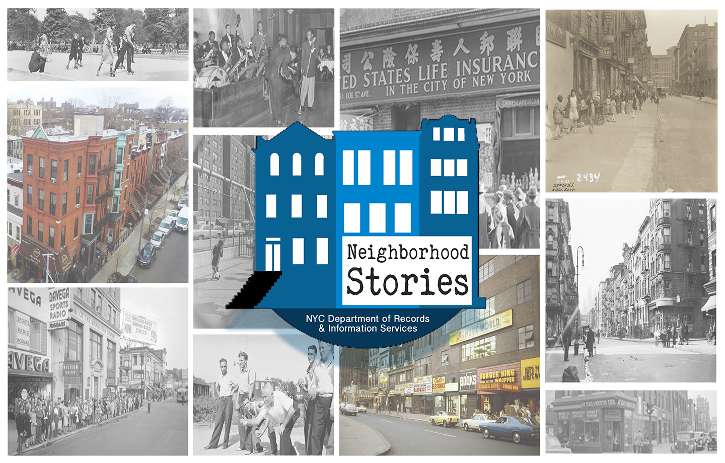 a collage of eleven old photographs of New York City, with the Neighborhood Stories logo in the center
