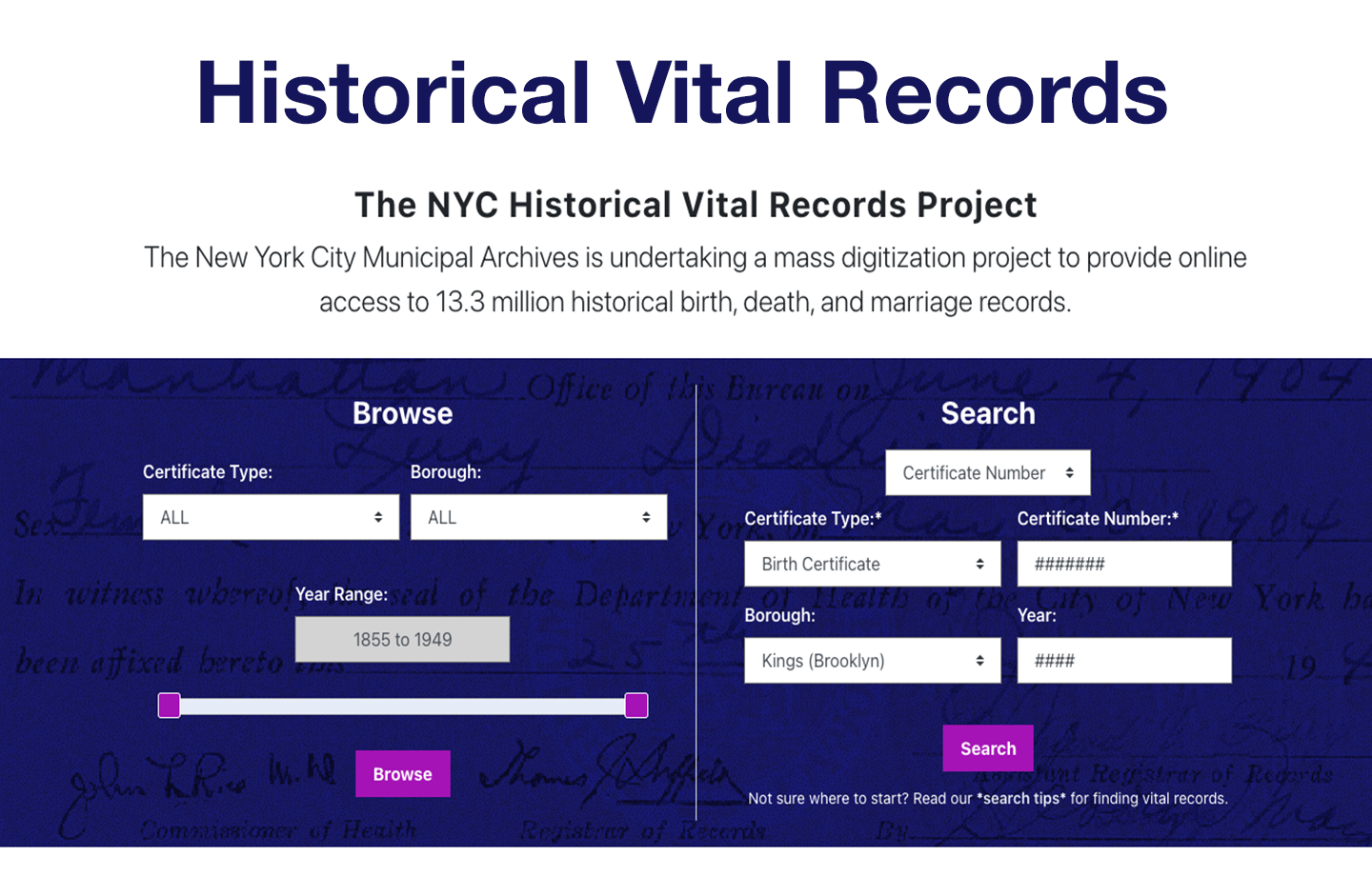 Photo of the Homepage of the Historical Vital Records Portal