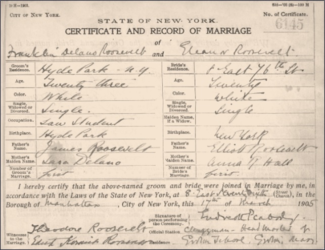 marriage certificate of Franklin Delano Roosevelt and his cousin Eleanor Roosevelt in 1905.
