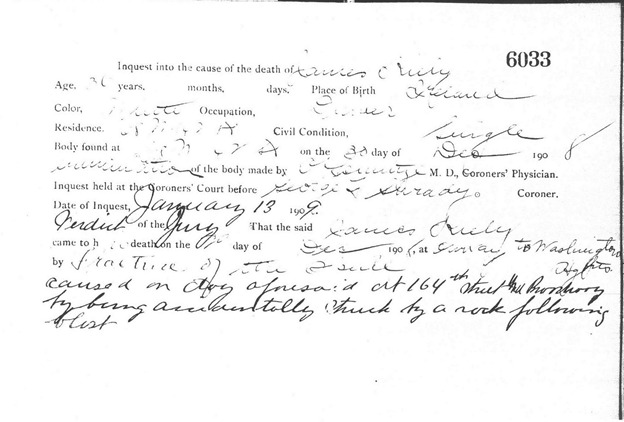 The 1908 Coroners’ Inquest above details the accidental death of a 36-year old man born in Ireland