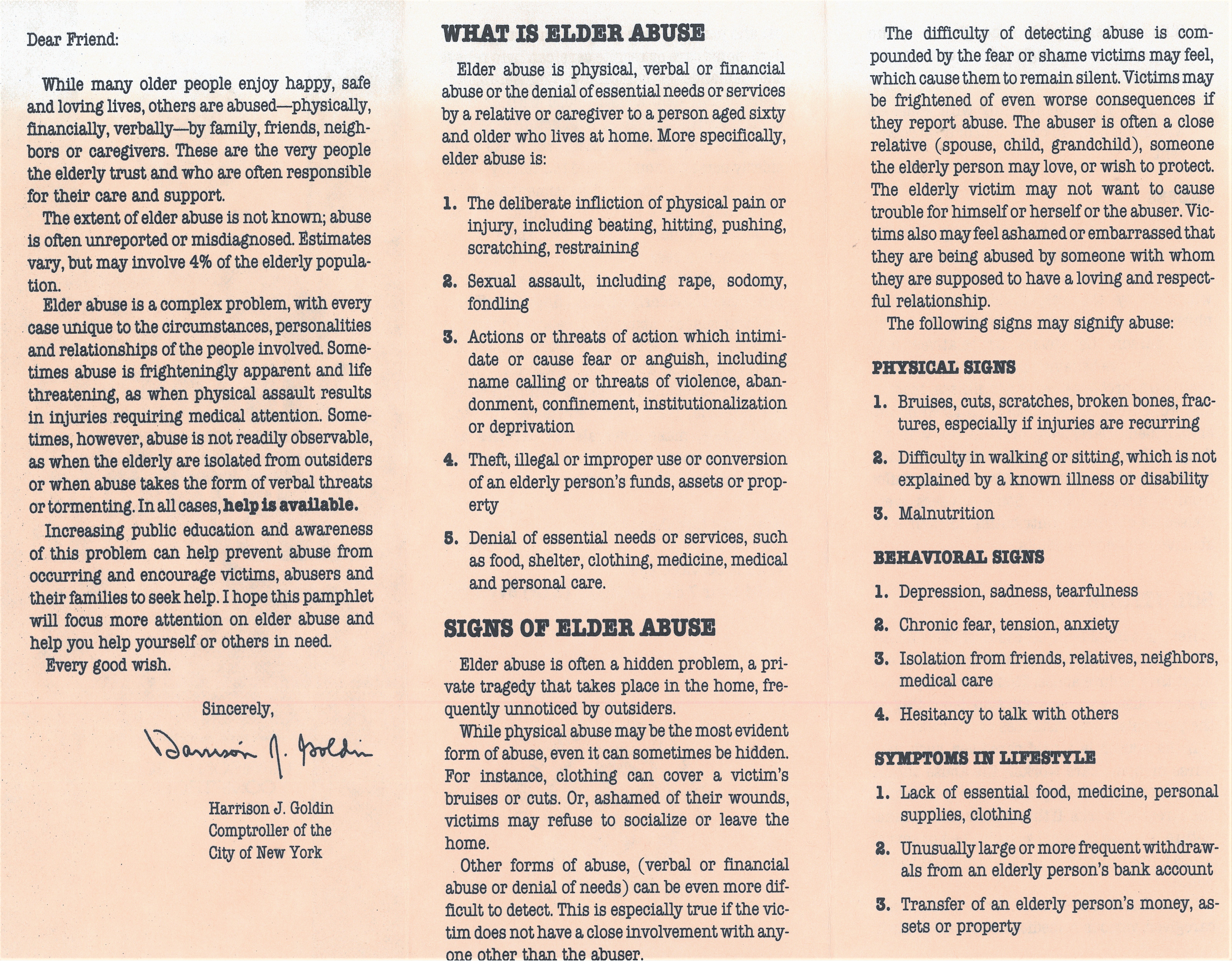 A pamphlet explaining elder abuse and the signs of the abuse.
