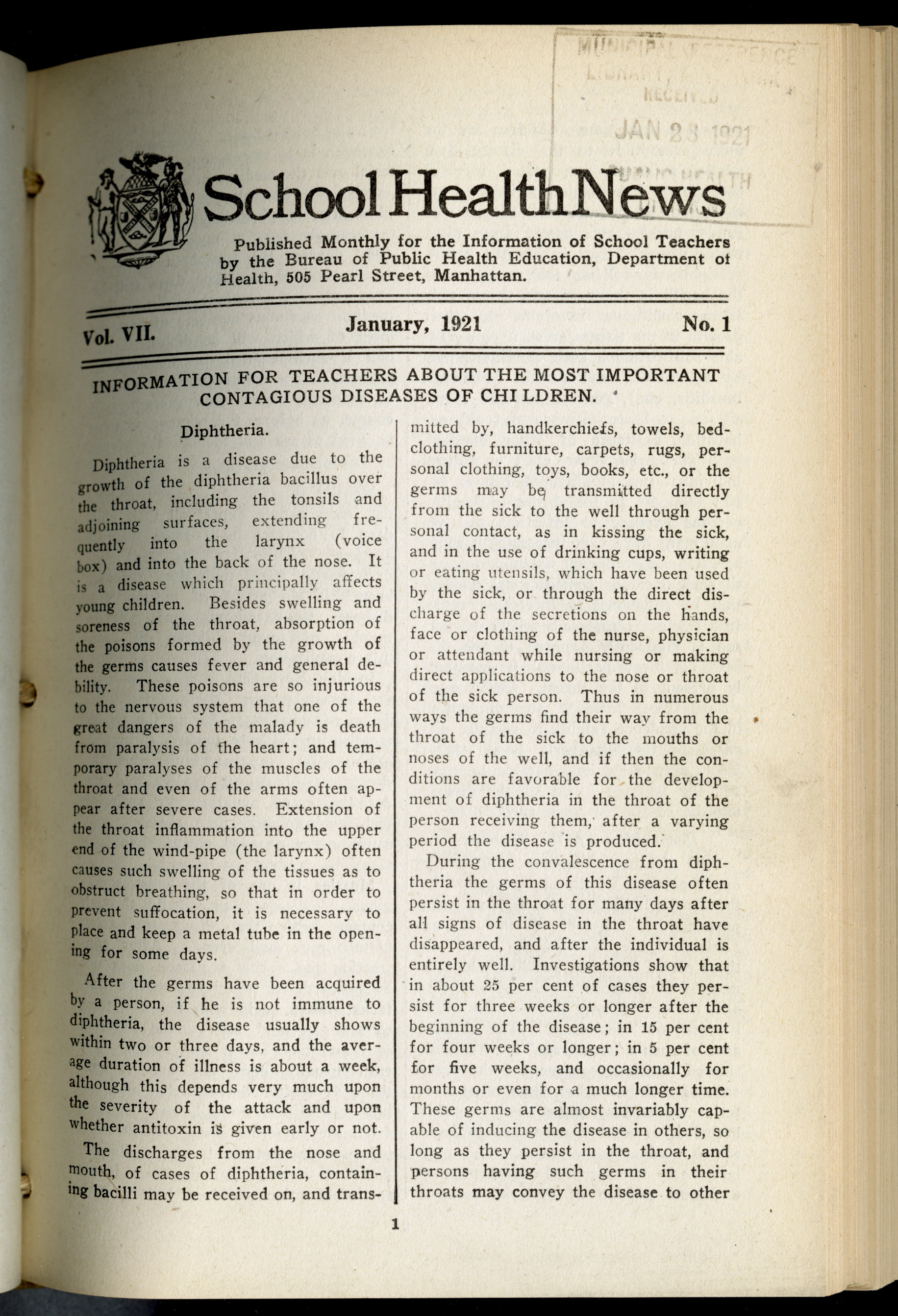 1921 article in School Health News about diphtheria, one of the most important contagious diseases for children.