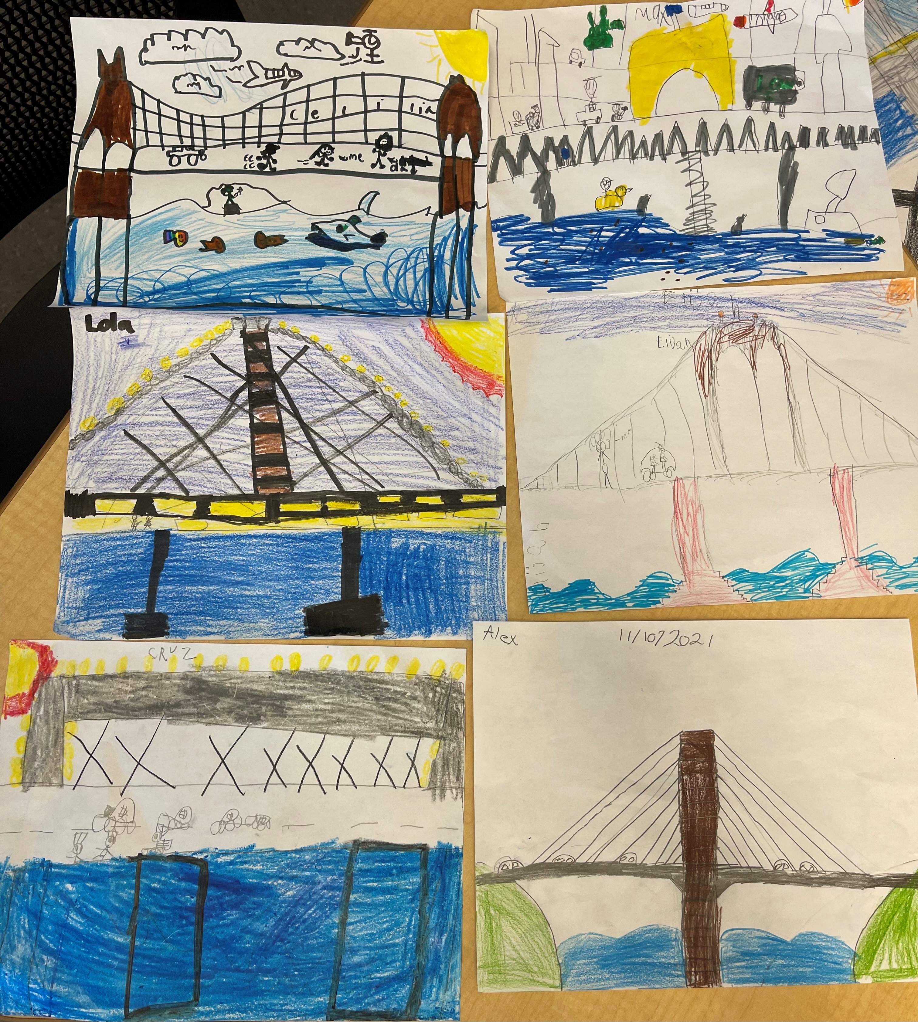Children's drawings of the Brooklyn Bridge from a Ms. Pineda's class.