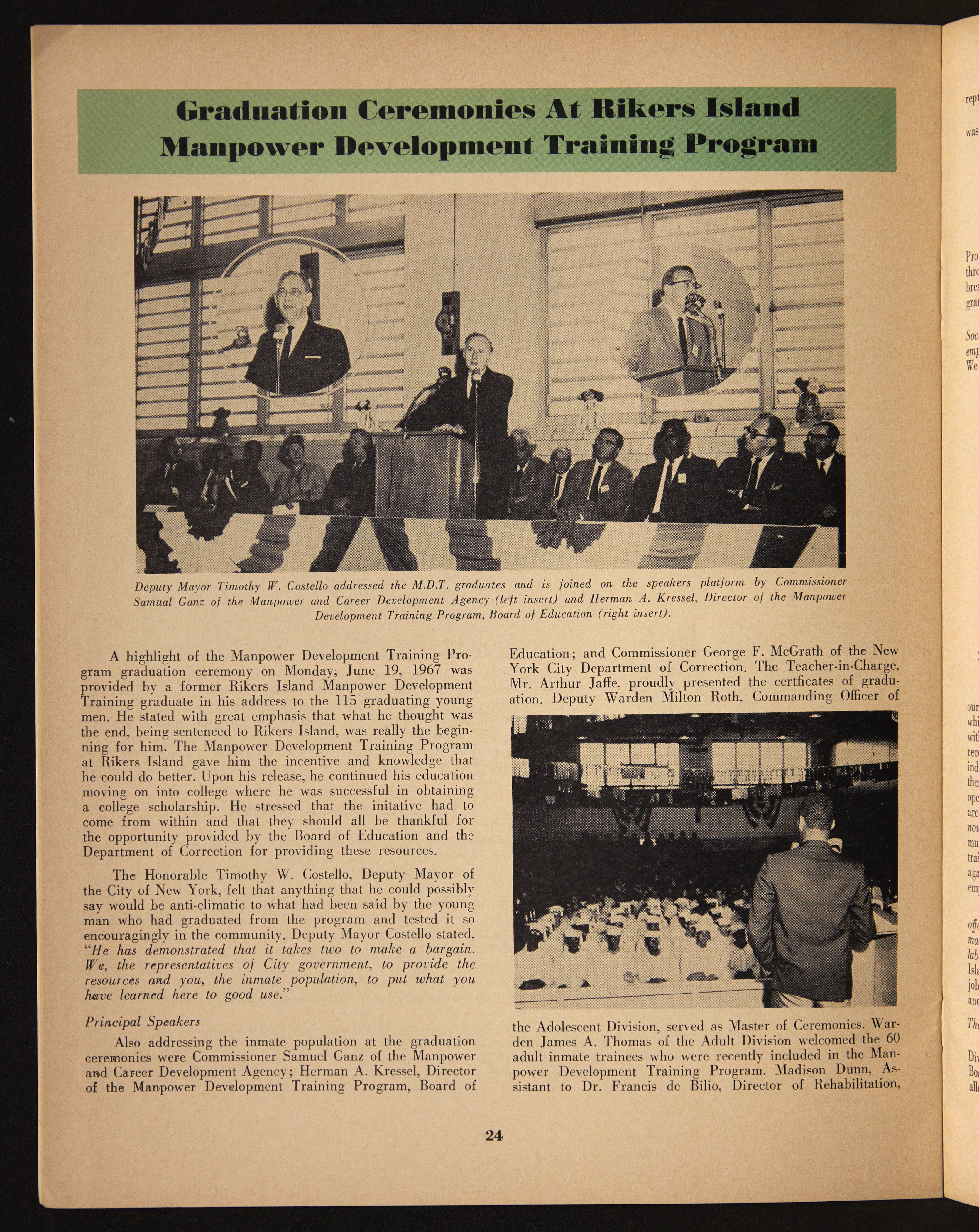 A page from a 1967 newsletter showing the Deputy Mayor Timothy Connolly speaking at graduation ceremony amongst several men.