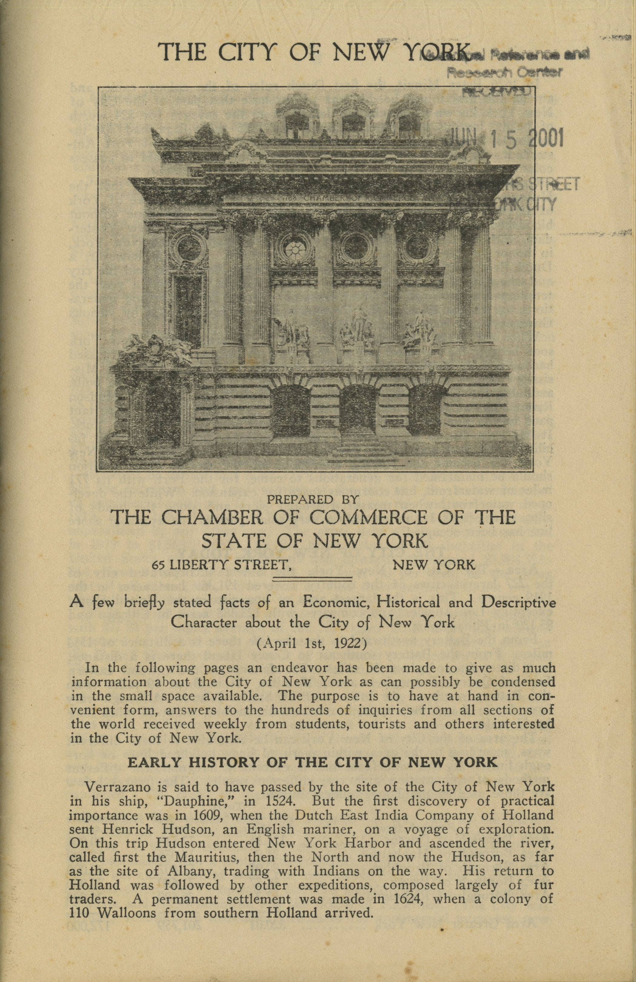 Text with a black and white picture of the Chamber of Commerce building at 65 Liberty St. in 1922.