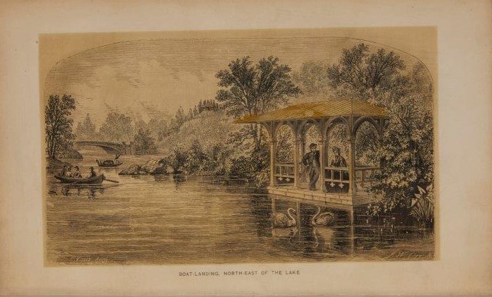 1863 Hand drawn image of the boat landing on the lake with a man and woman in a gazebo.