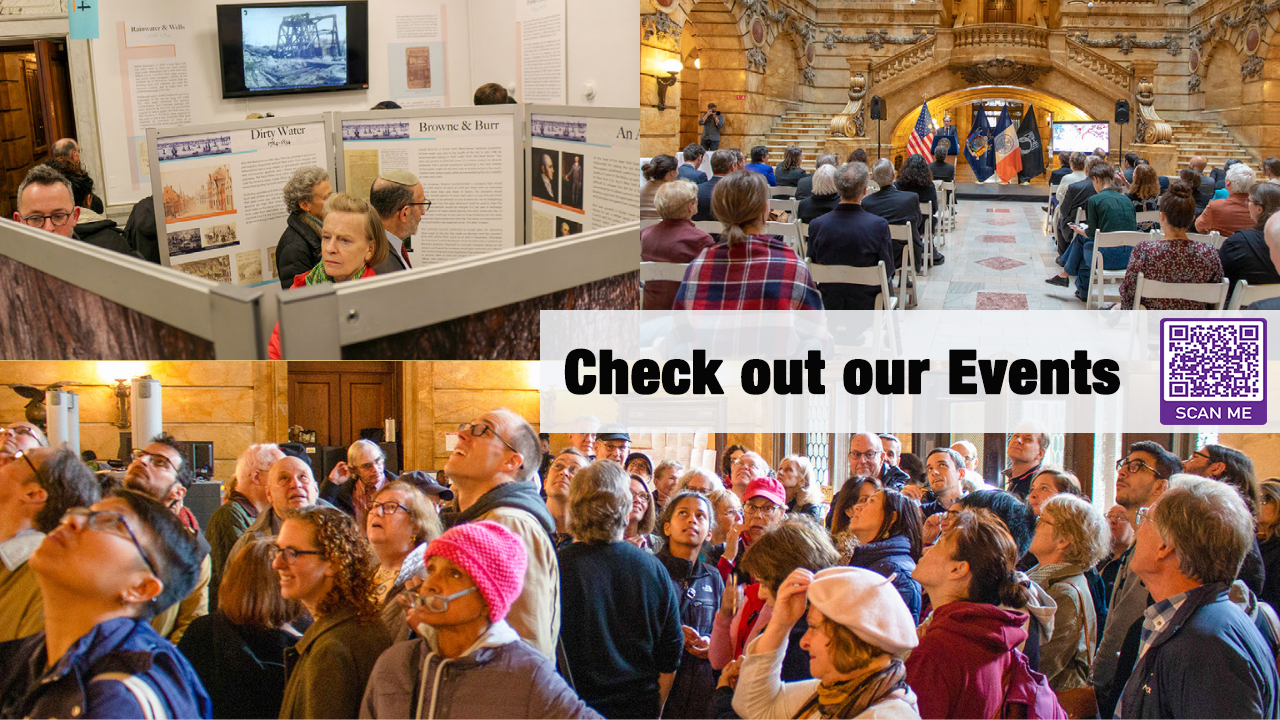 Composite color image of four photos of visitors from several events in the lobby and exhibition room at 31 Chambers Street.