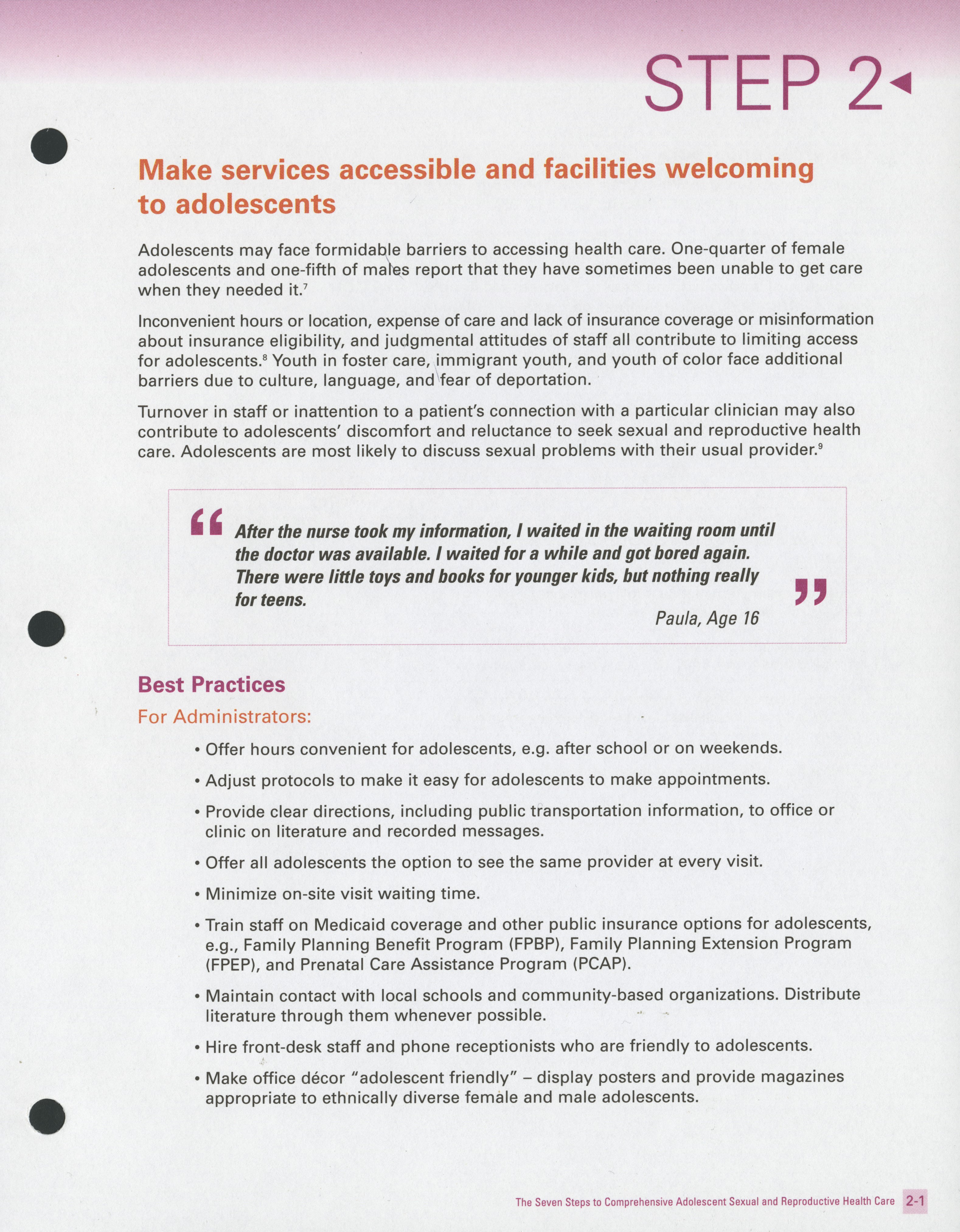 Text describing step 2 of the guidelines requiring services to adolescents be made  accessible and welcoming to adolescents.