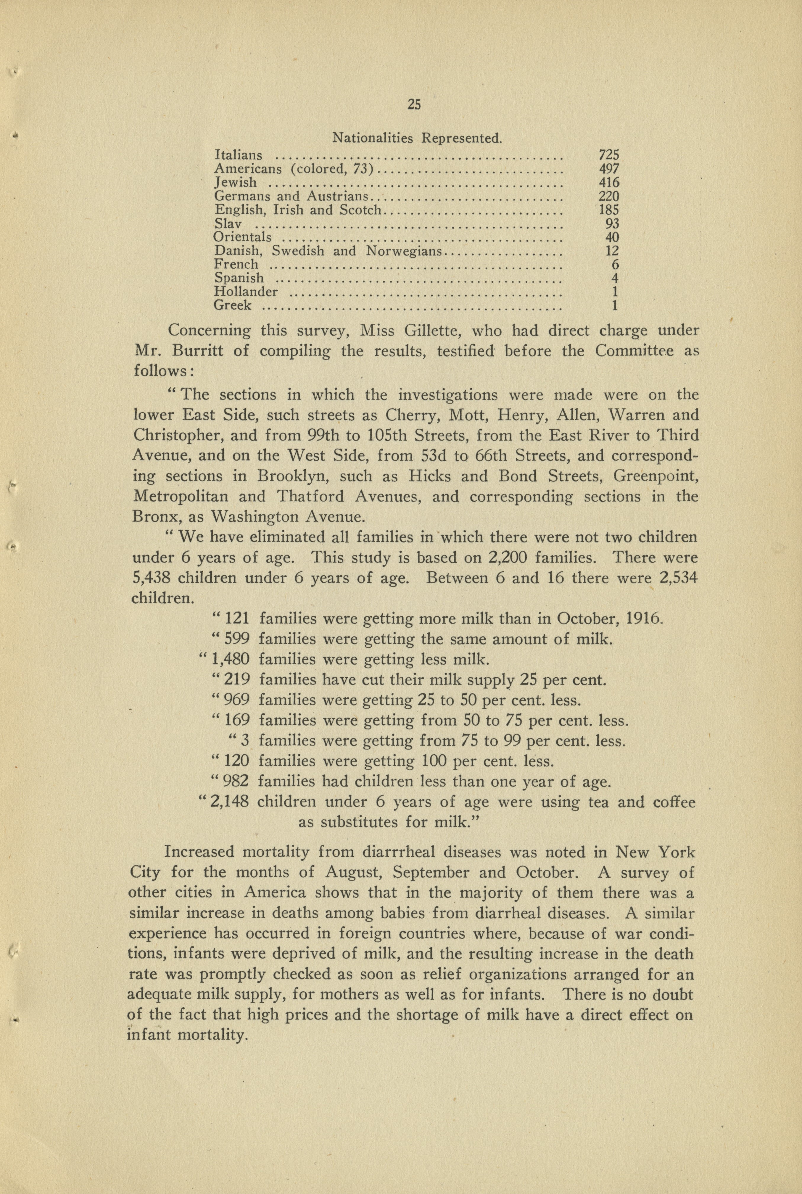 Text describing the results of the 1916-1917 survey sent to 2,200 families.