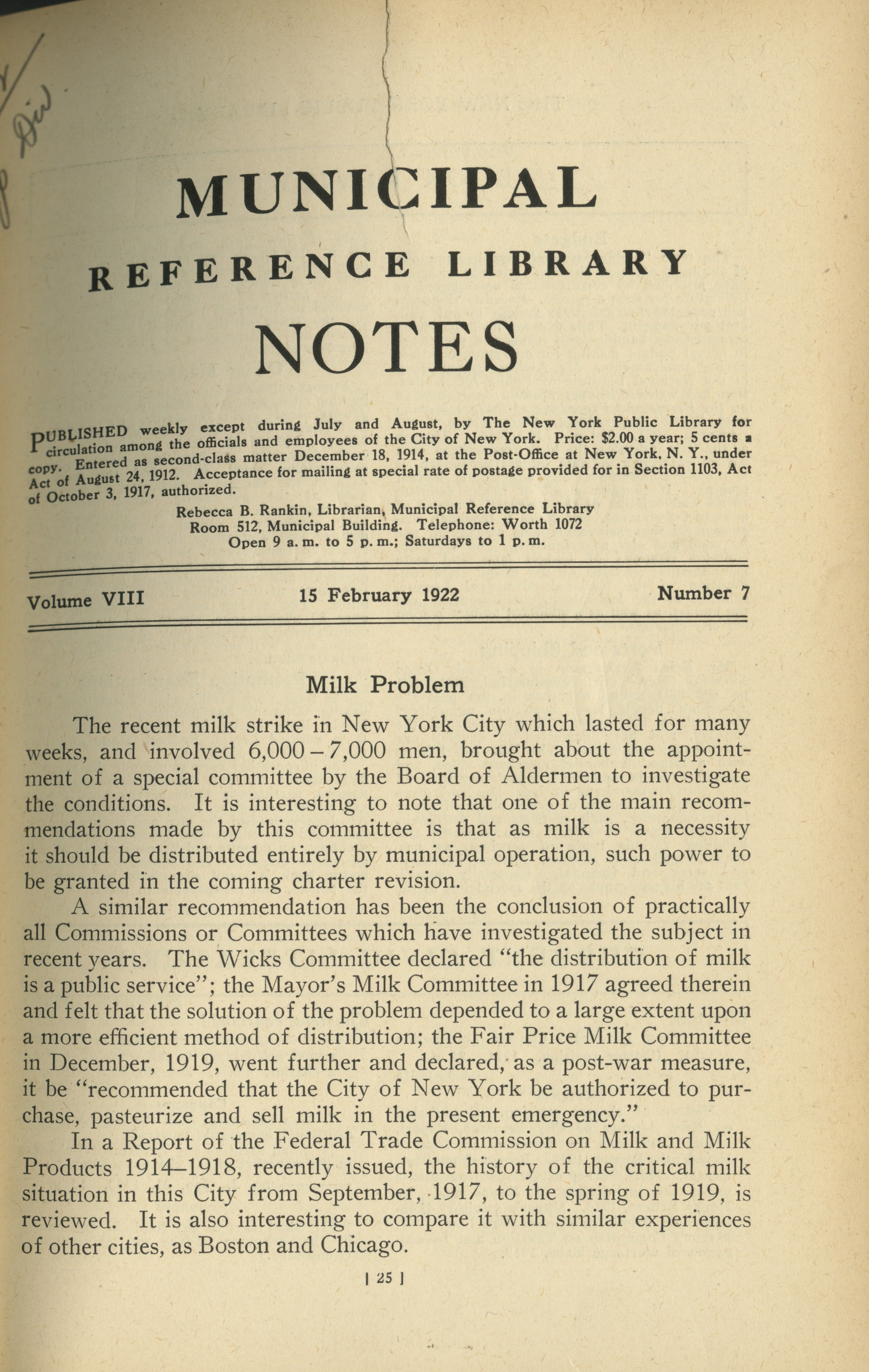 Text of front page of 1923 article discussing the Milk Problem. 