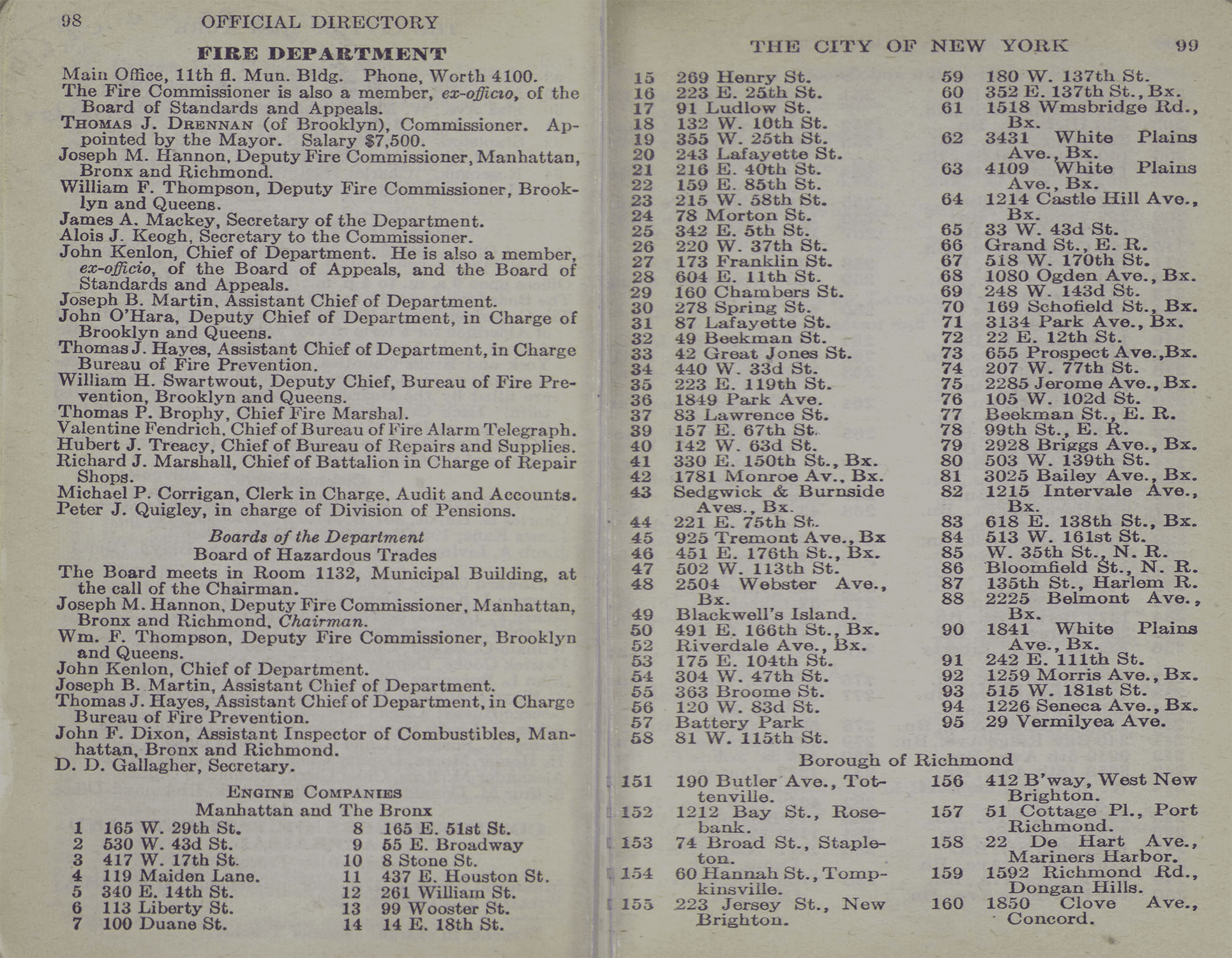 A page from the Official Directory listing the main office and the management of the Fire Department.
