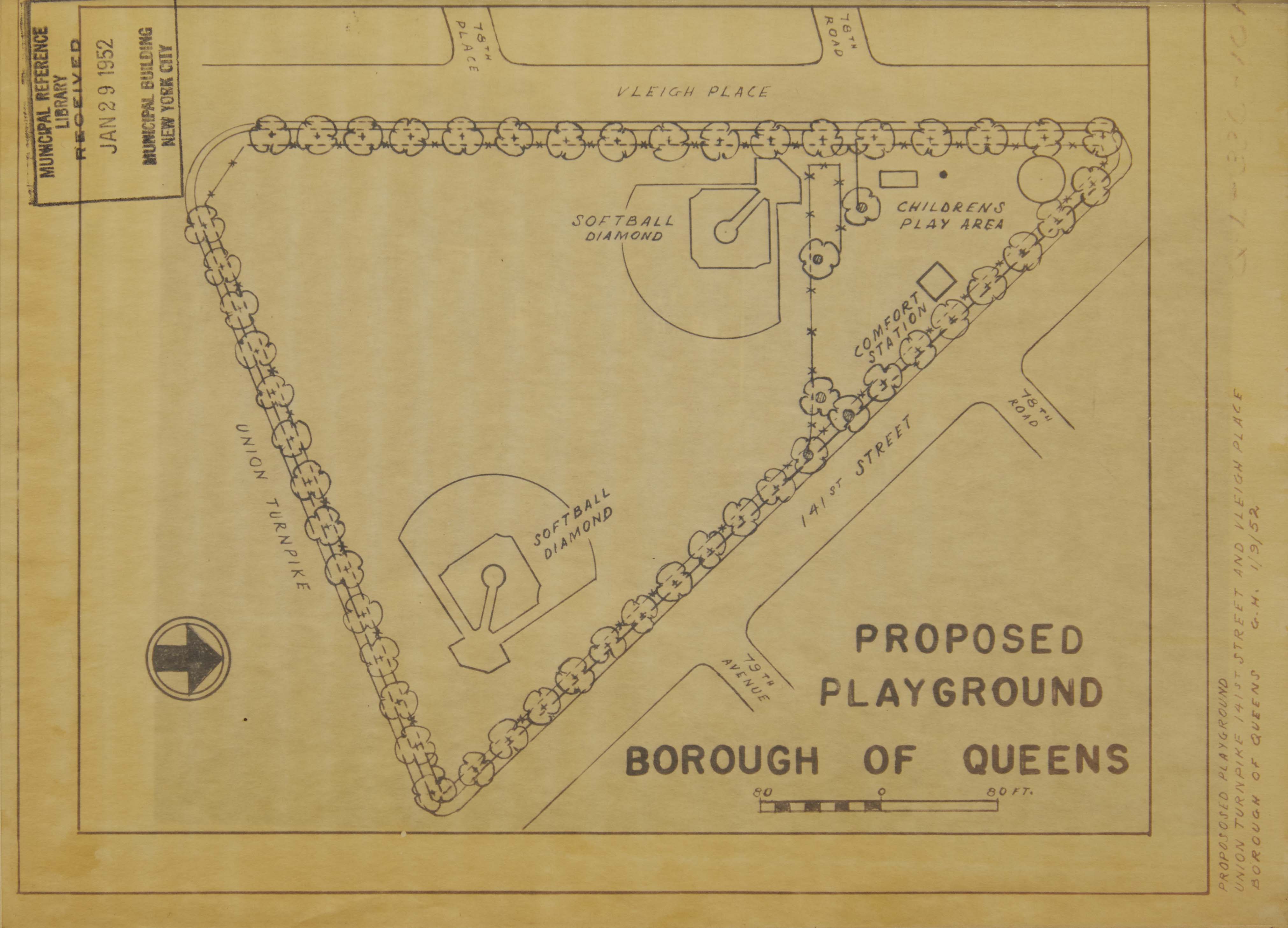Hand-drawn diagram of the proposed park showing two softball diamonds, bathroom and children's play area in 1952