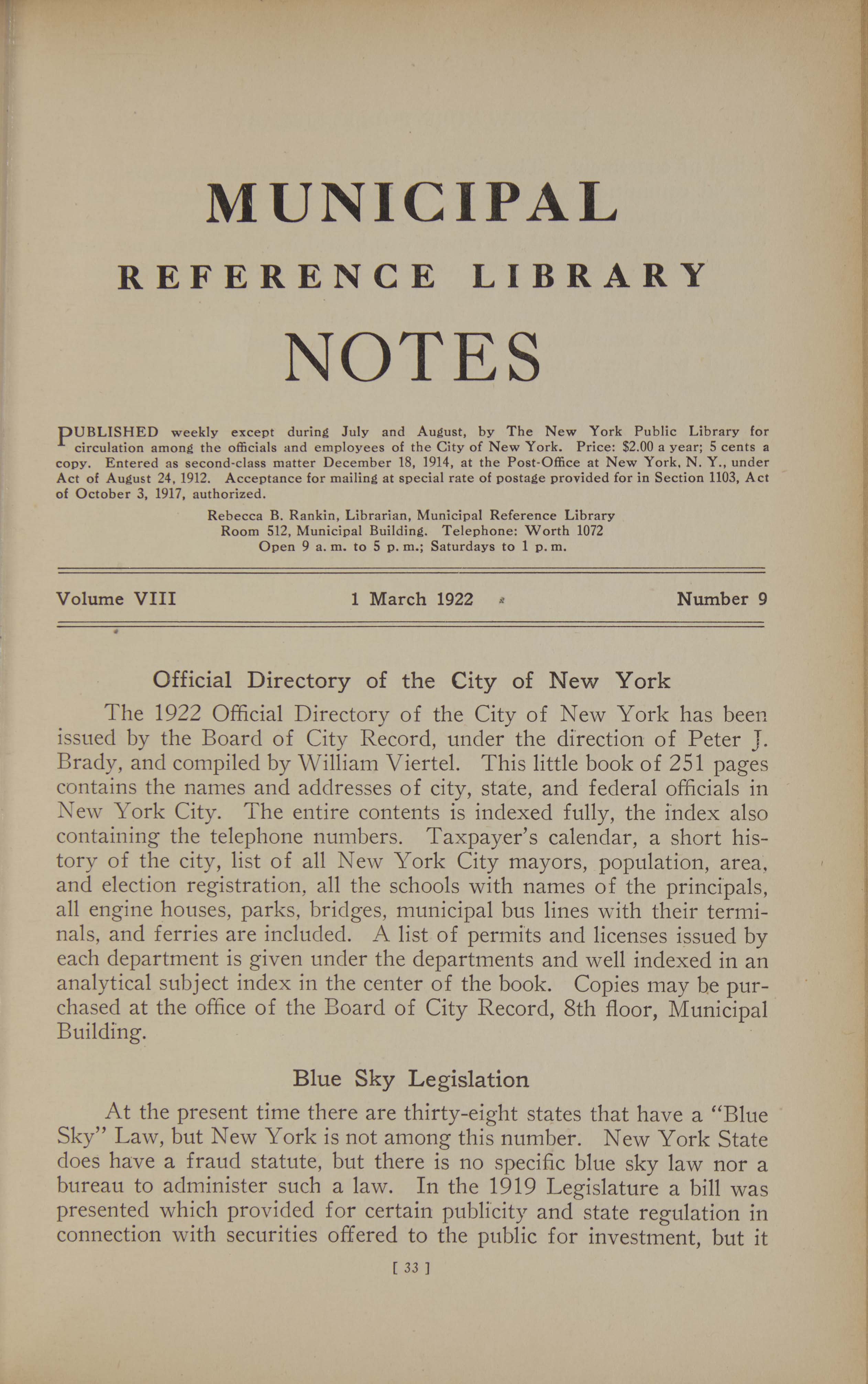 A page from the March 1922 Municpal Reference Libray Notes