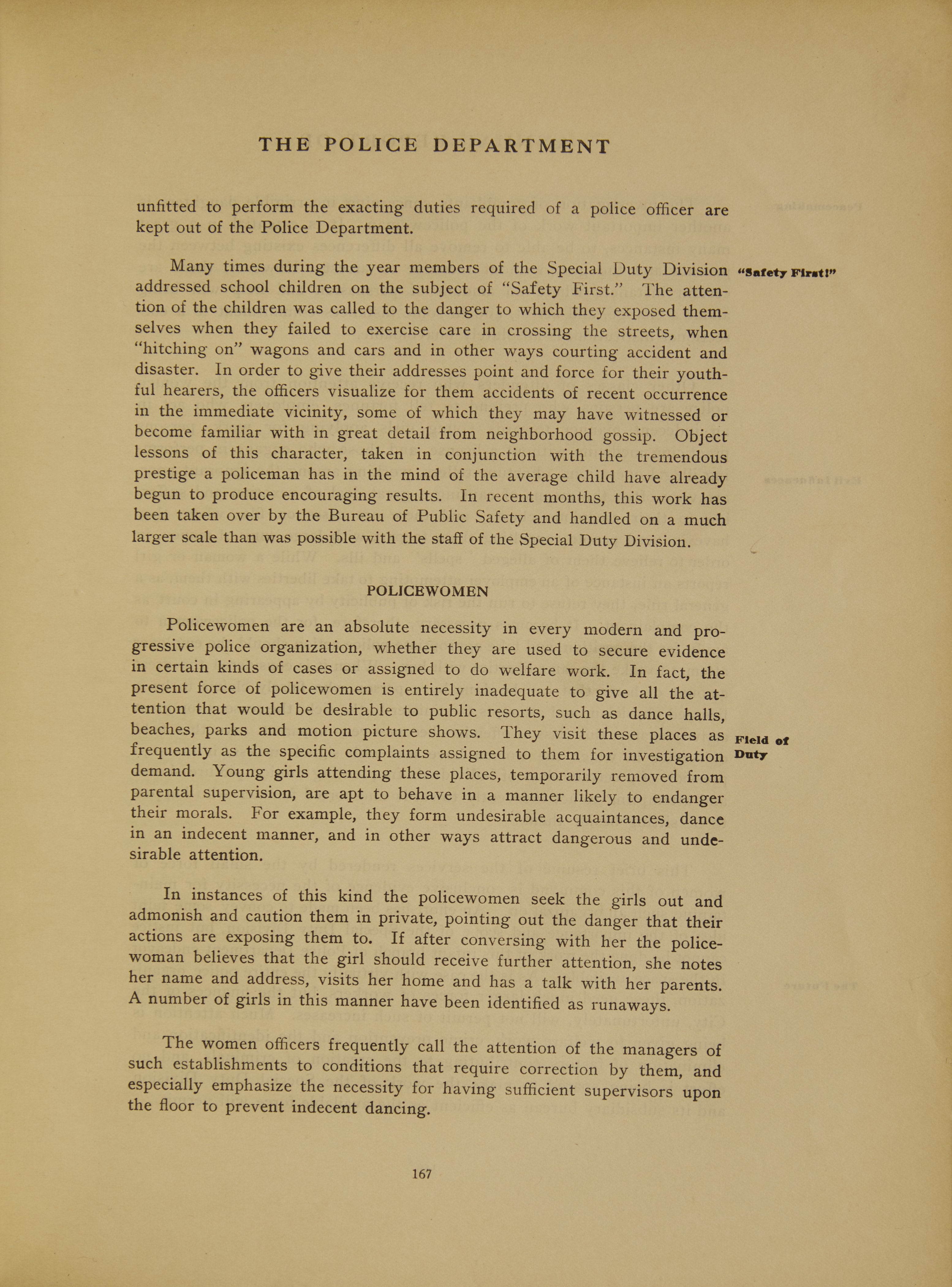 Page of text stating that policewomen are an absolute necessity in every modern and progressive police organization.