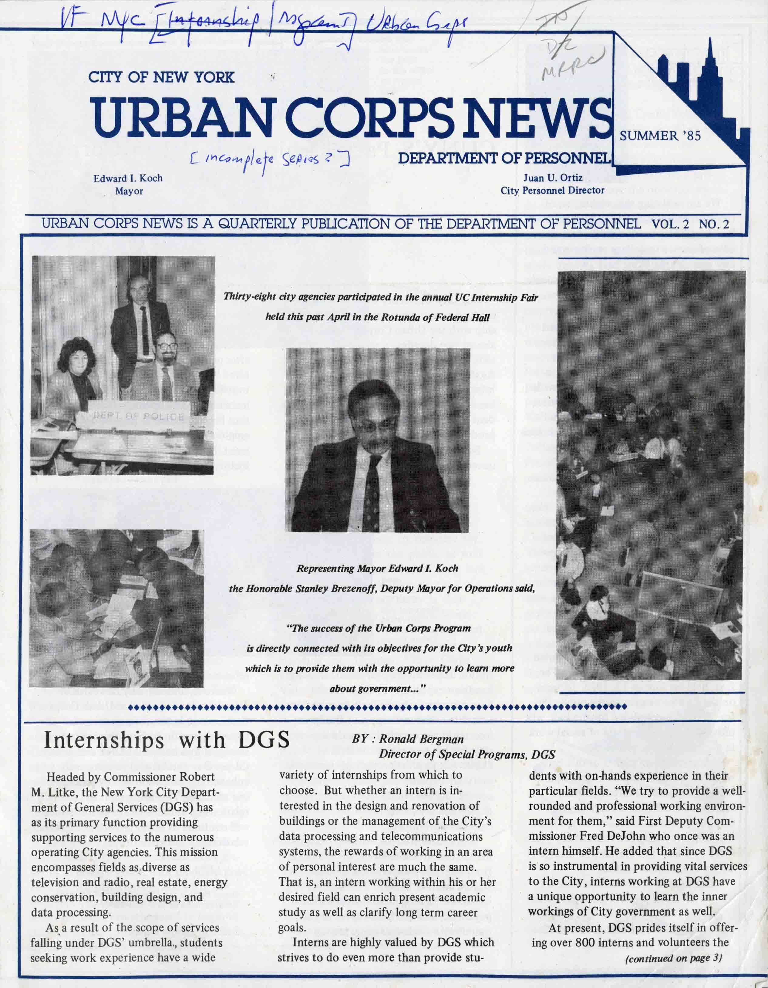 1985 newsletter with five black and white images showing people at work and a portion of an article called Internships with DGS or the Department of General Services.