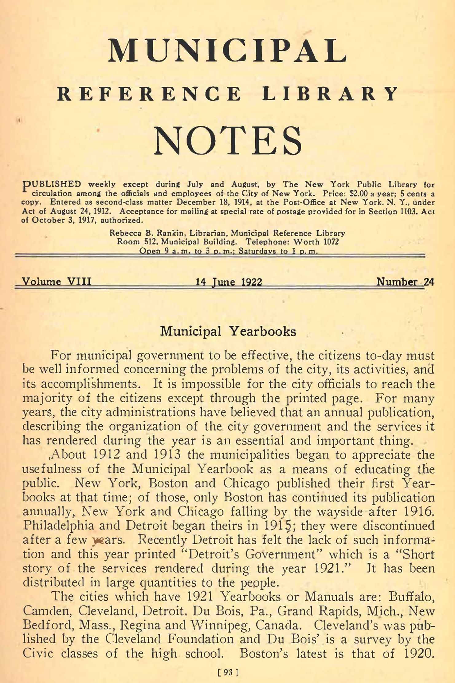 A page from the Municipal Library Notes; Text naming New York, Boston, Chicago, Philadelphia and Detroit as early adopters of the Municipal Year Book.