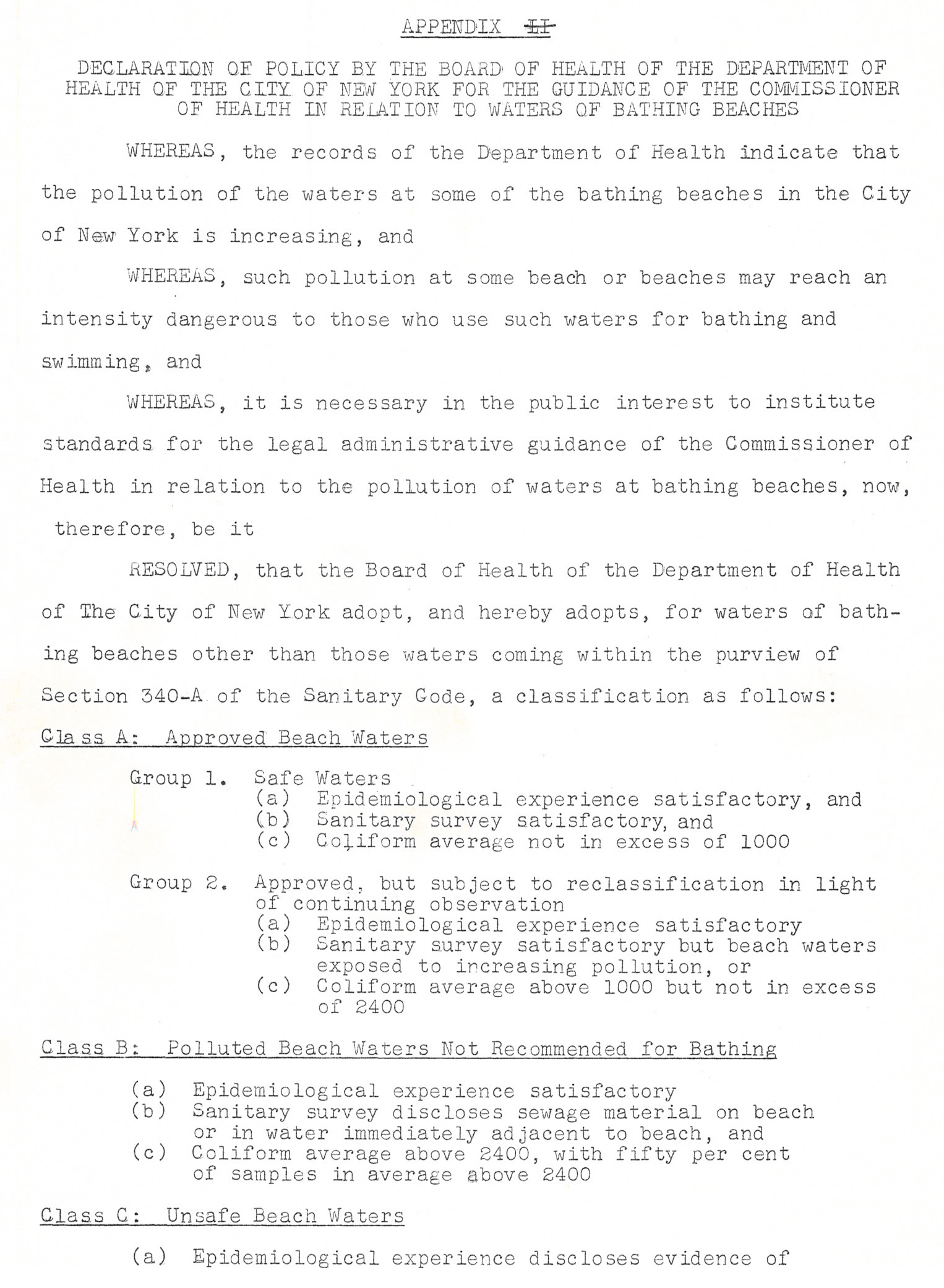 Black and white photo of a 1962 typewritten statement discussing water pollution in area bathing beaches.