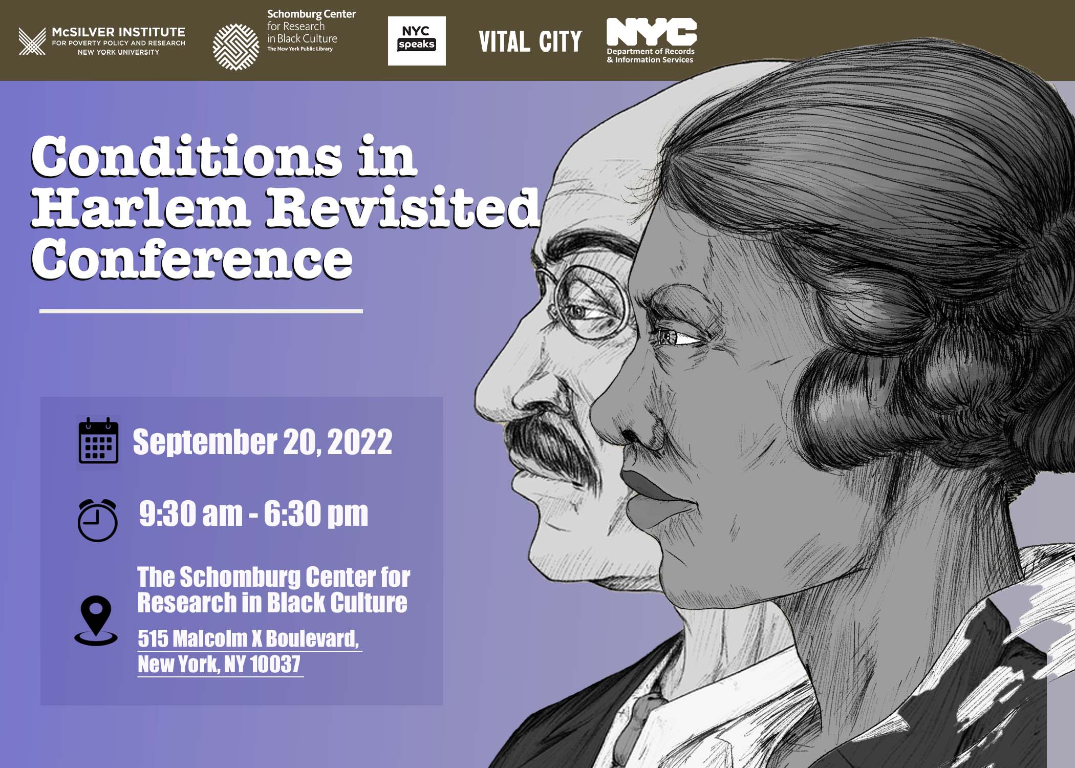 Announcement of the conference featuring a drawing in gray tones of a man wearing glasses and a woman, both in profile, looking off to the left side of the page with stern expressions on their faces.
