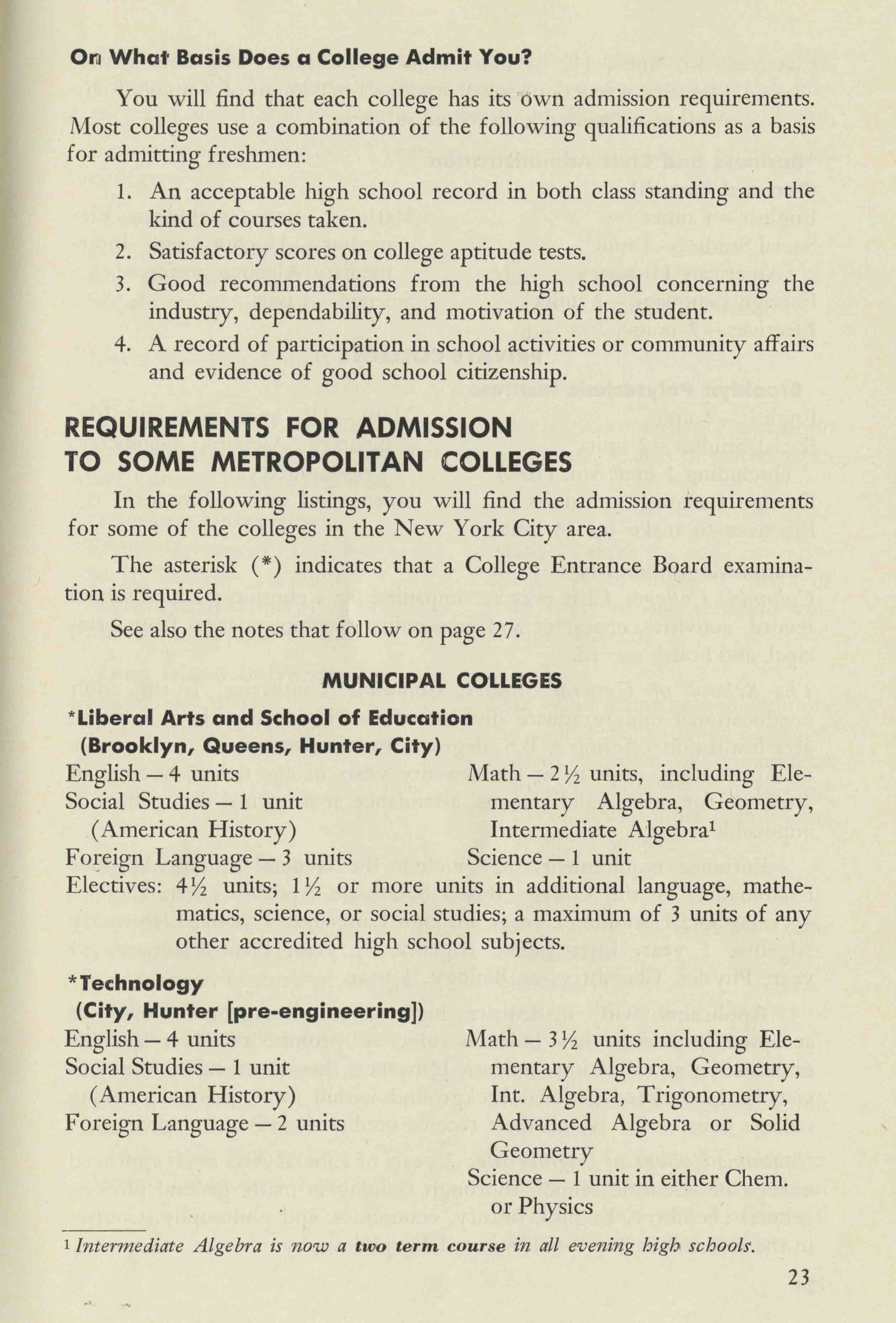 Lists general requirements for most colleges in 1961
