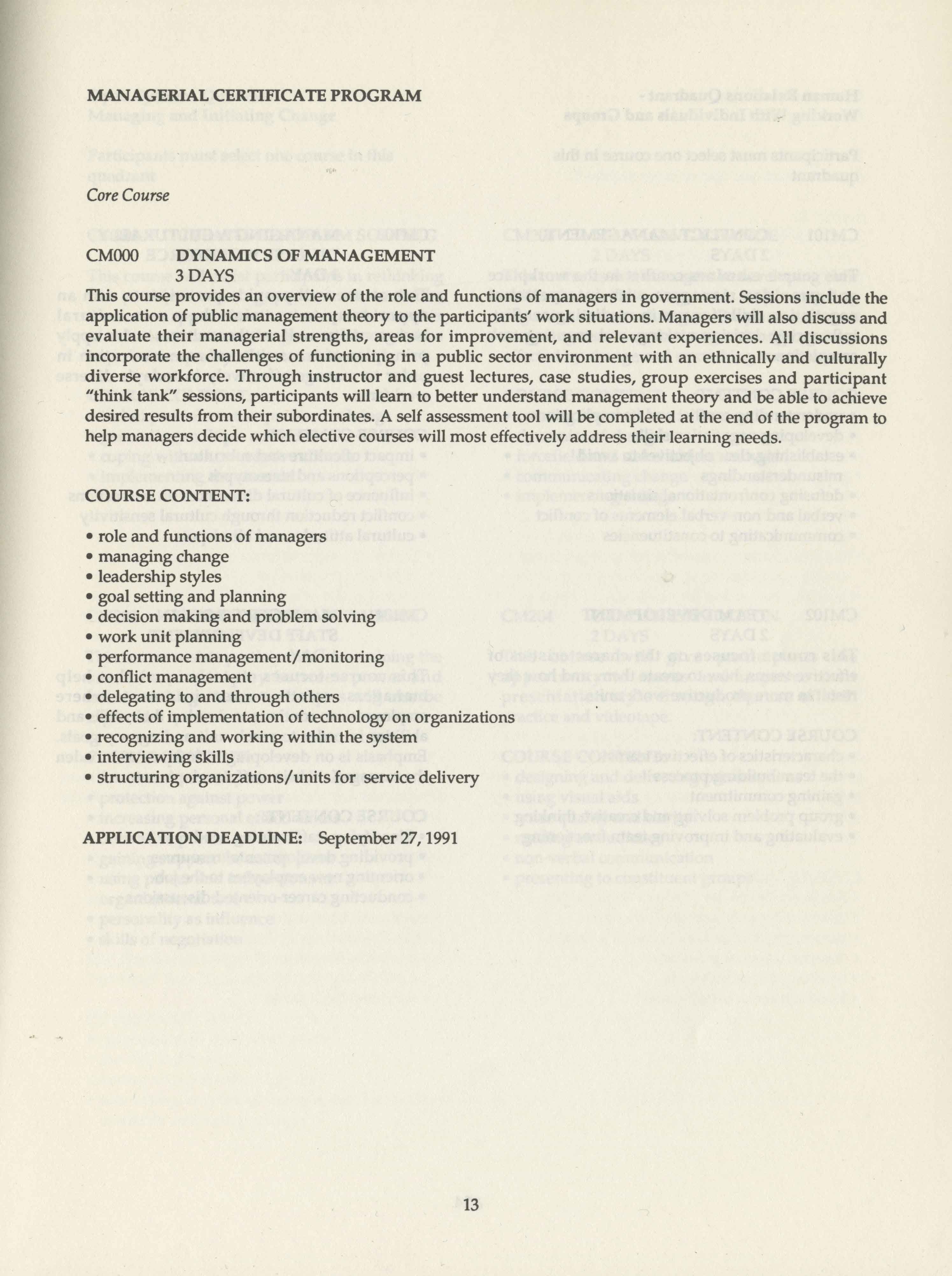 A page decribing the managerial certificate program