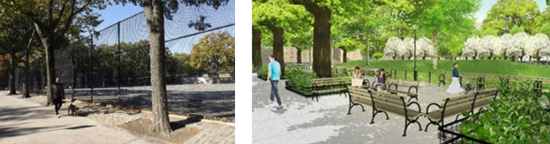 Before and after the Parks Without Borders approach in Travers Park in Jackson Heights, Queens.