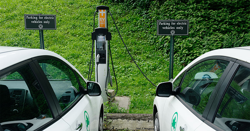 Two electric cars plugged into car chargers