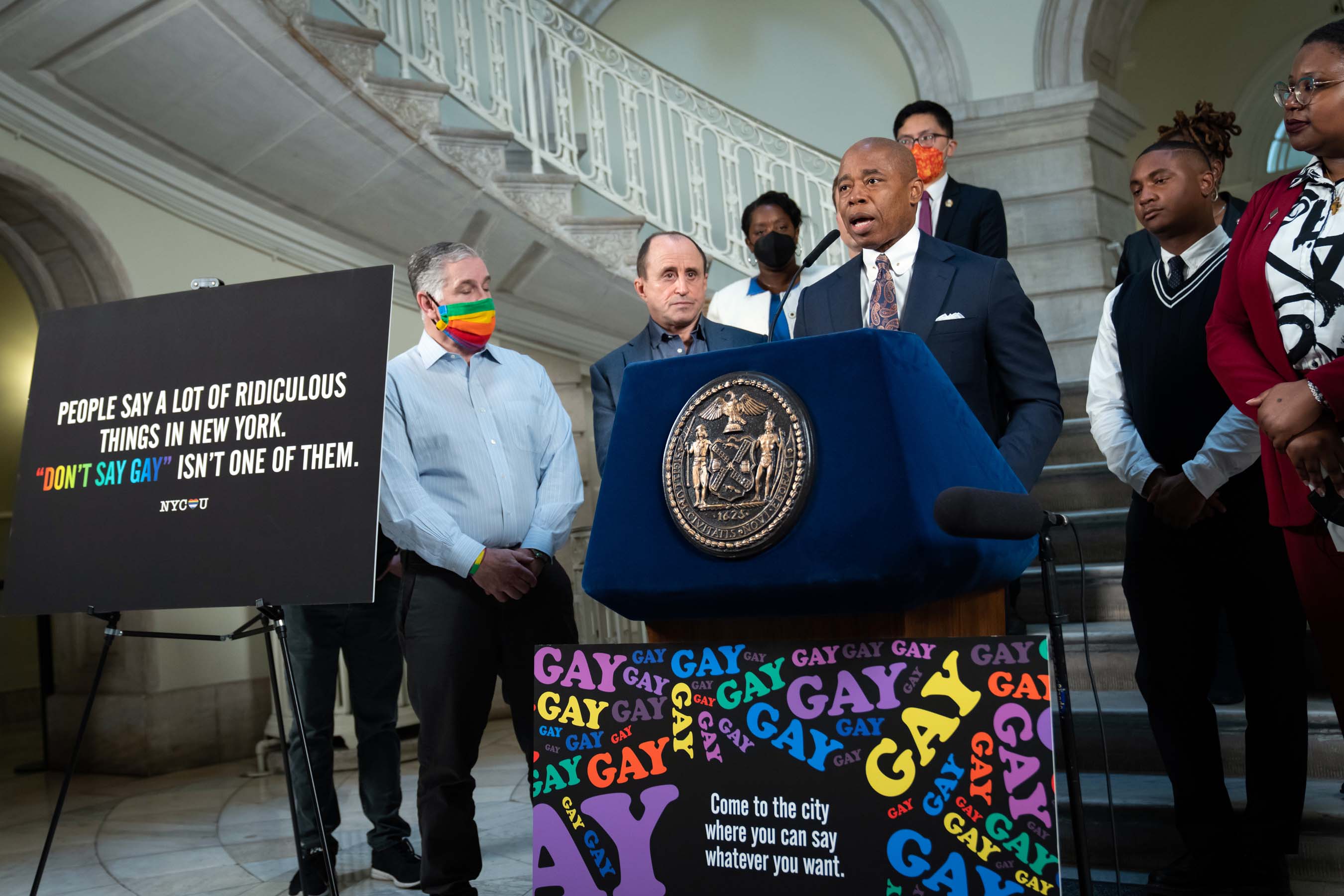 Mayor Eric Adams announces the launch of digital billboards and creative ads denouncing the recent passage of 'Don't Say Gay' in five Florida cities
