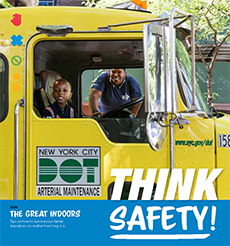 Cover of the Think Safety! Newsletter shows a child sitting on the driver’s seat of a yellow NYC DOT truck while an adult looks in from the side window.