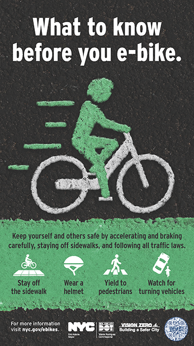 Graphic of a person riding an e-bike with tips to know before riding an e-bike.