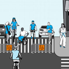 Illustration showing a street closed to moving traffic by French barricades with road closed to thru traffic signs. The street behind the barricade is bustling with pedestrians and cyclists using the open area, while parked cars remain along the curb.