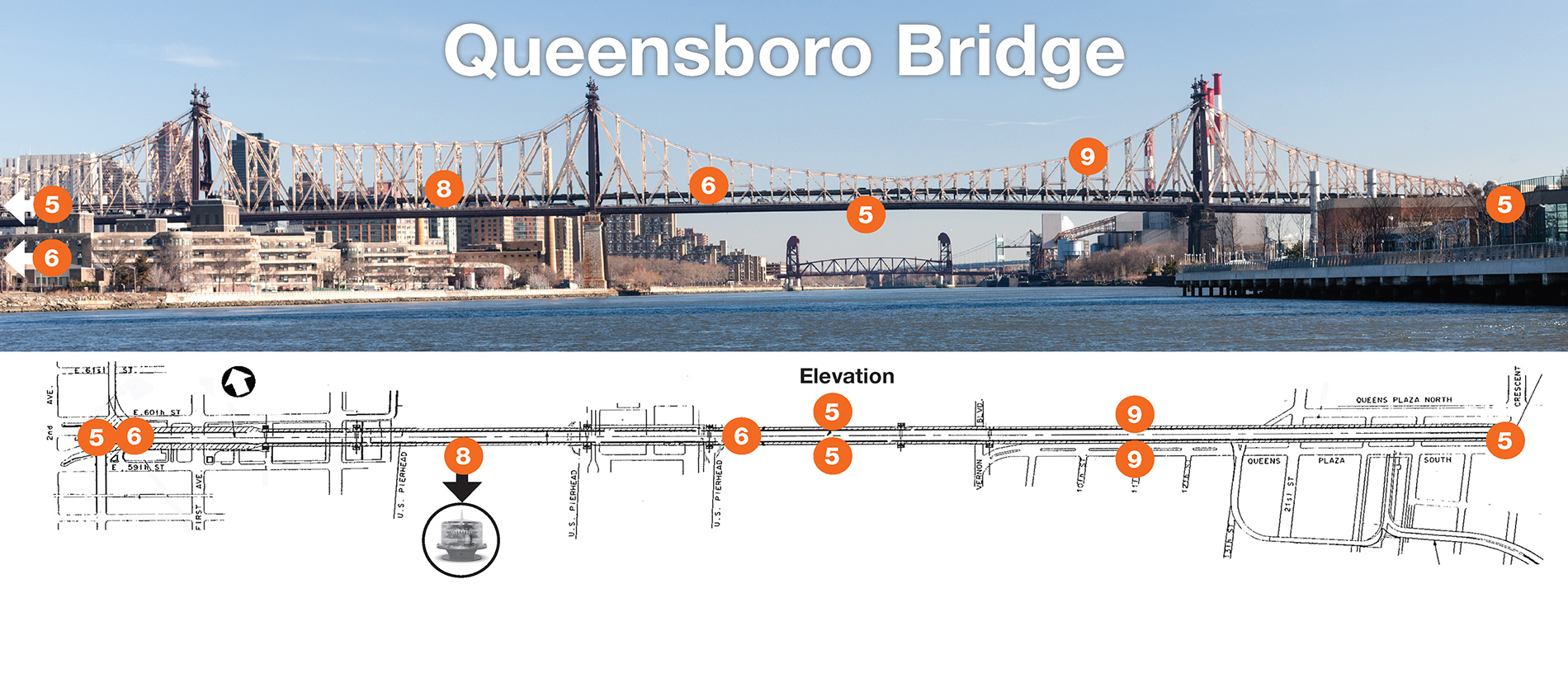 Picture and diagram of the Ed Koch Queensboro Bridge with labels to highlight where on the bridge work has been done under previous contracts.