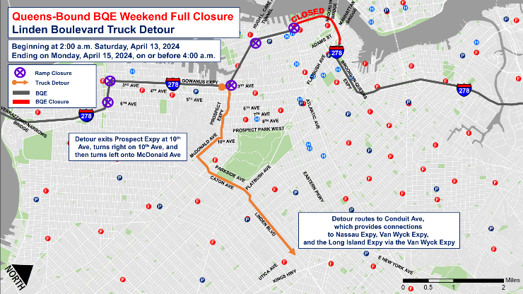 Map of the Linden Boulevard detour during the full closure of the Queens-bound B Q E between Atlantic Avenue and Sands Street in Brooklyn from April 13 to April 15, 2024.