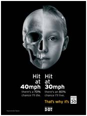 Hit at 40MPH, Hit at 30MPH. Head showing a face as half skeleton and half fine.