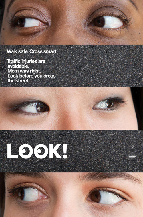 Pedestrian Safety Ads featuring 3 pairs of eyes looking over a roadbed
