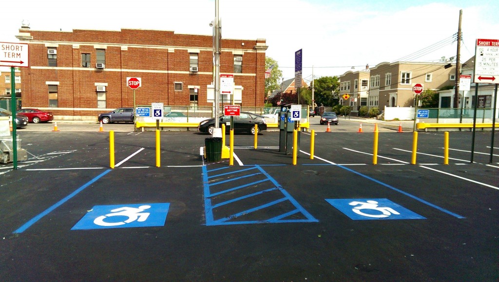 Parking lot showing painted accessibility parking spots